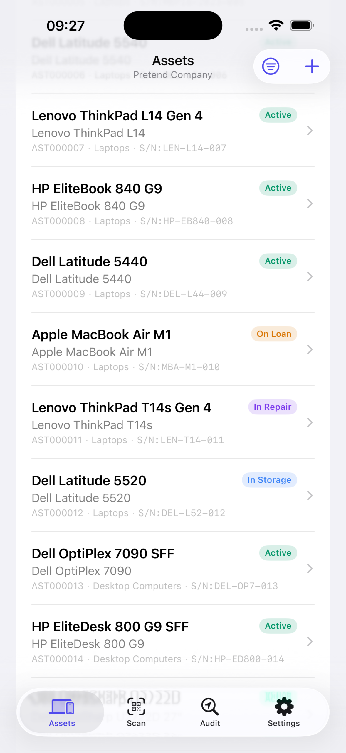 Asset list on iPhone